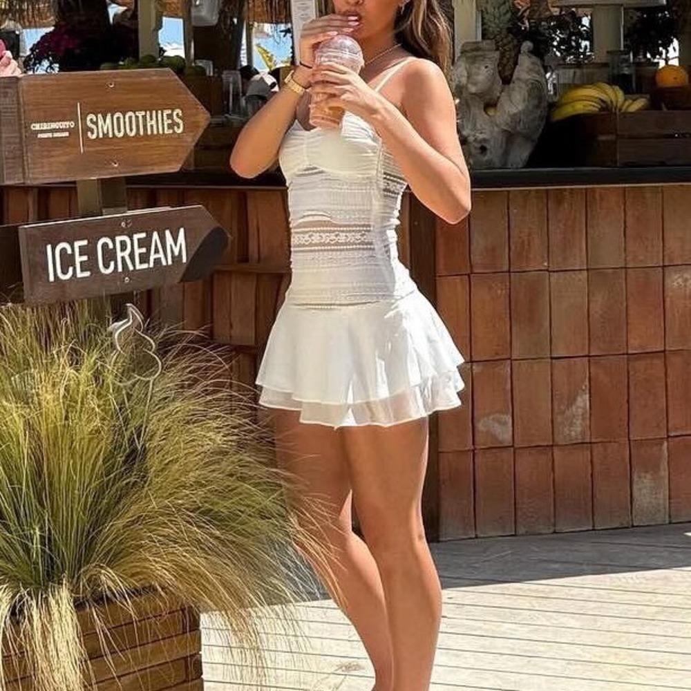 Edikted Women's Marcia Lace Chiffon Mini Dress White S Coquette Romantic Y2K